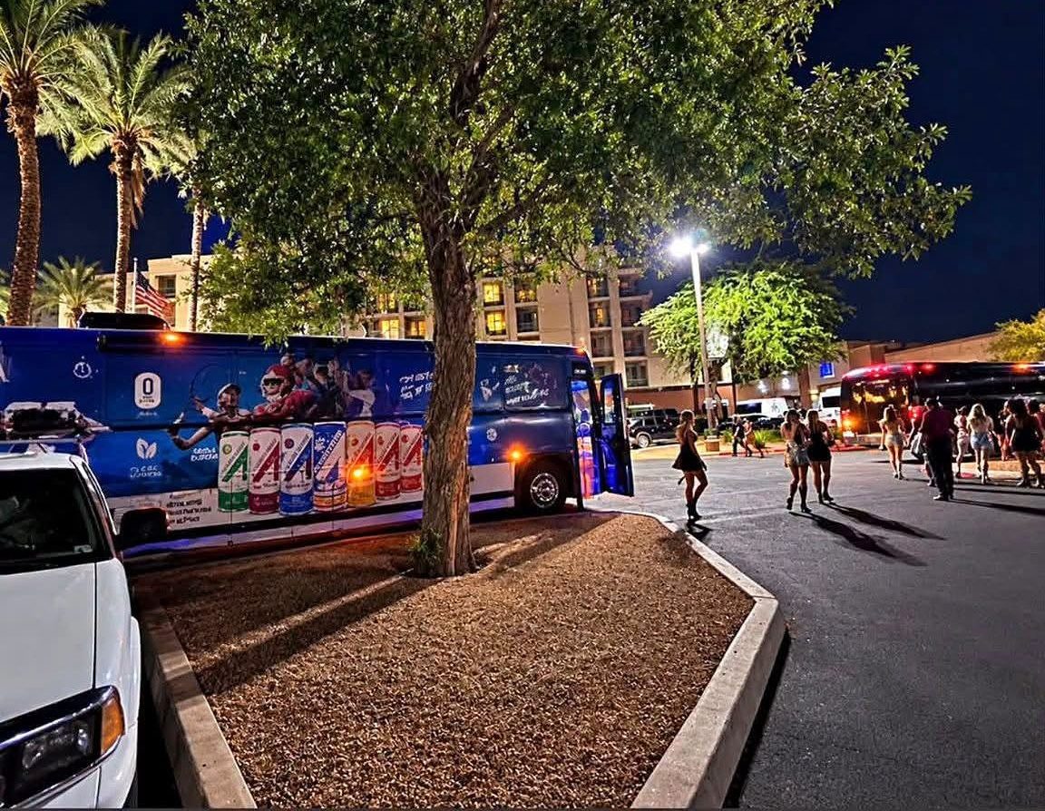 Riders heading to the bus at night