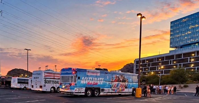 Party bus lined up in a Phoenix parking lot at sunset